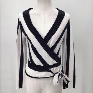 Top Shop Black and White Striped Wrap Sweater Top Size 6